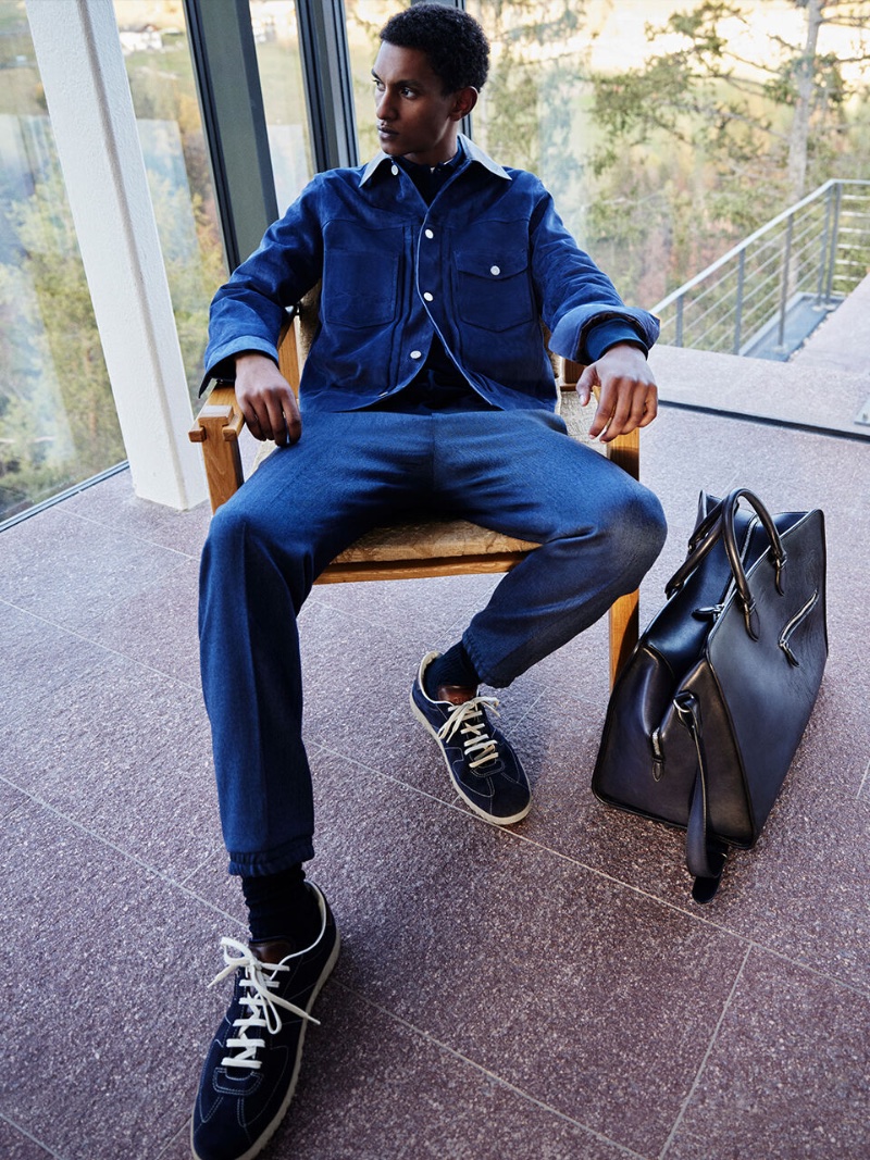 Matthew Seymour dons a blue number for Berluti's fall-winter 2023 campaign.