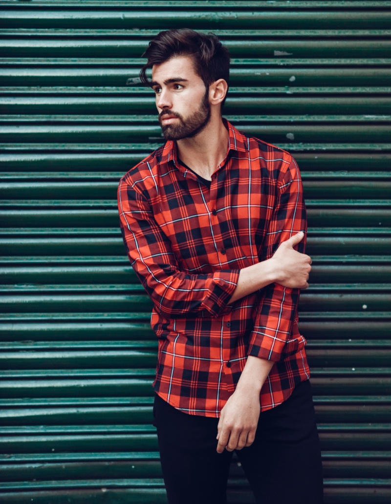 Casual Dress Men Details Red Plaid Shirt Rolled Sleeves