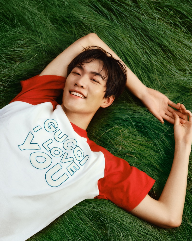 Rocking a short-sleeve baseball tee, Daniel Zhou fronts Gucci's new campaign.