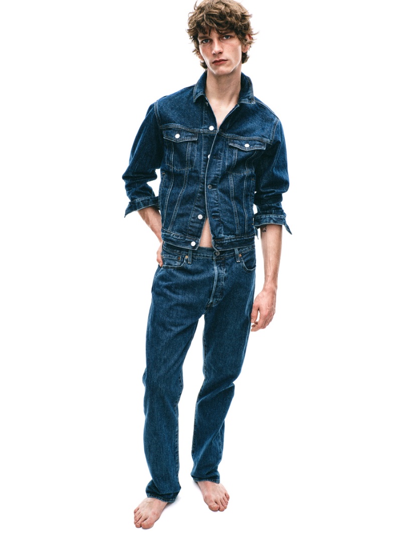 Model Erik van Gils doubles down on denim in a jean jacket and jeans. » Denim Inspiration: H&M Shares the Spotlight with Levi's Model Erik van Gils doubles down on denim in a jean jacket and jeans.