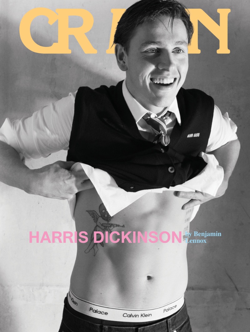 Appearing in a black-and-white photo, Harris Dickinson covers CR Men.