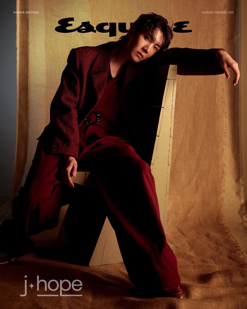 J-Hope wears an oversized Louis Vuitton suit for the August 2023 cover of Esquire Korea. » J-Hope Covers Esquire Korea August Issue in Louis Vuitton J-Hope wears an oversized Louis Vuitton suit for the August 2023 cover of Esquire Korea.