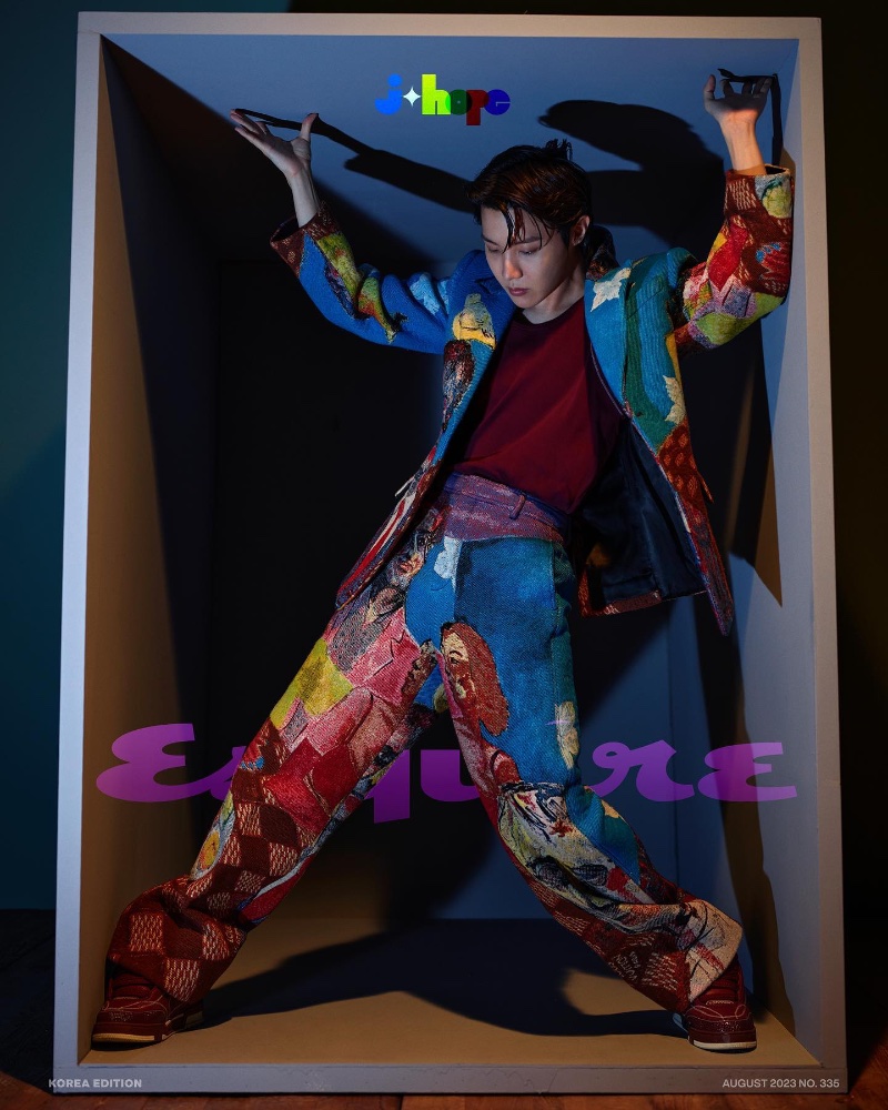 Embracing a colorful all-over graphic print, J-Hope wears Louis Vuitton for the August 2023 cover of Esquire Korea. » J-Hope Covers Esquire Korea August Issue in Louis Vuitton Embracing a colorful all-over graphic print, J-Hope wears Louis Vuitton for the August 2023 cover of Esquire Korea.