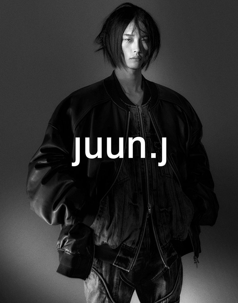 Rocking a leather bomber jacket over denim, Taemin Park stars in Juun.J's fall-winter 2023 campaign.
