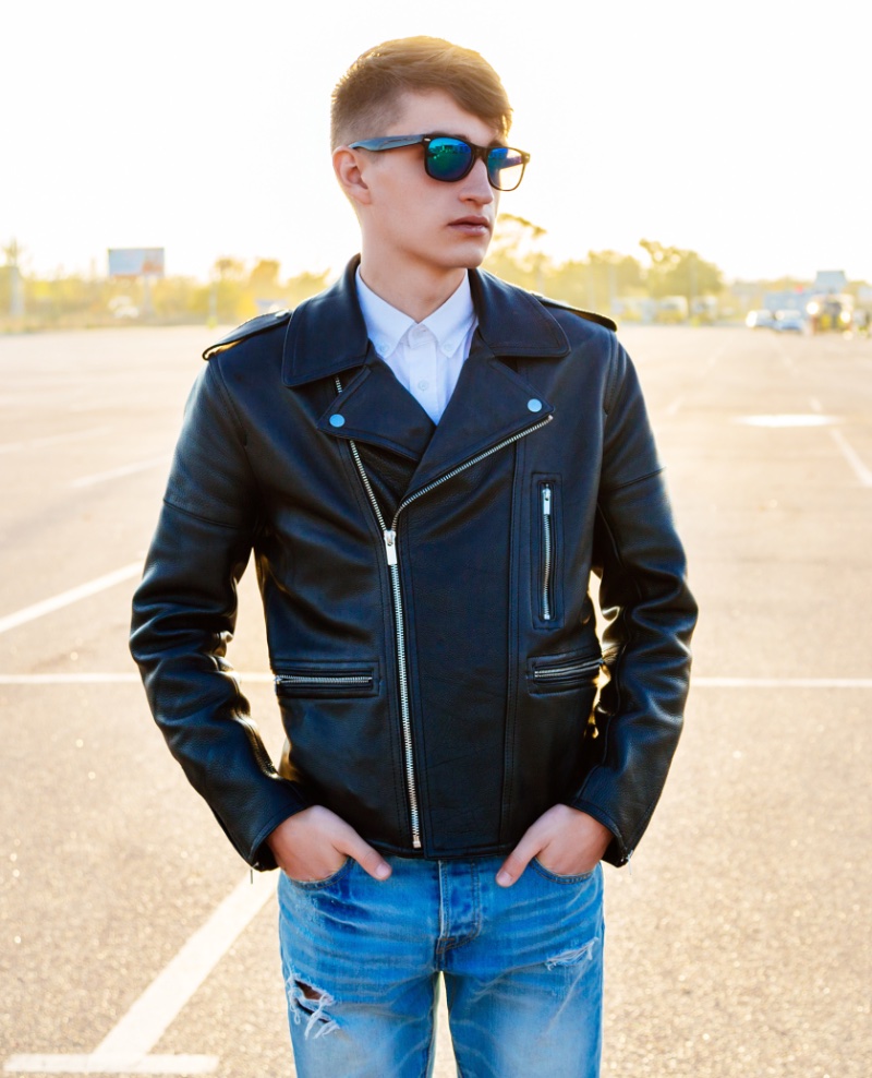 Leather Jacket Outfits Men Collared White Shirt