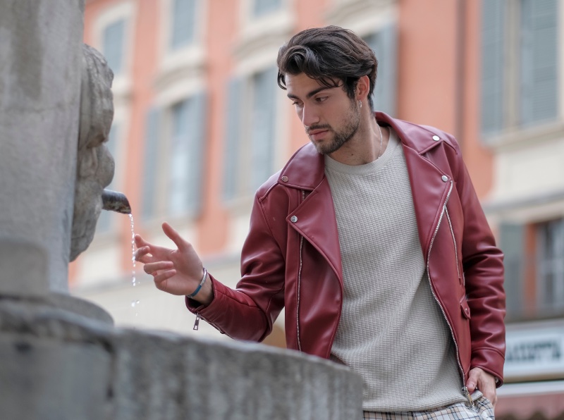 Mens Off White Red Leather Jacket