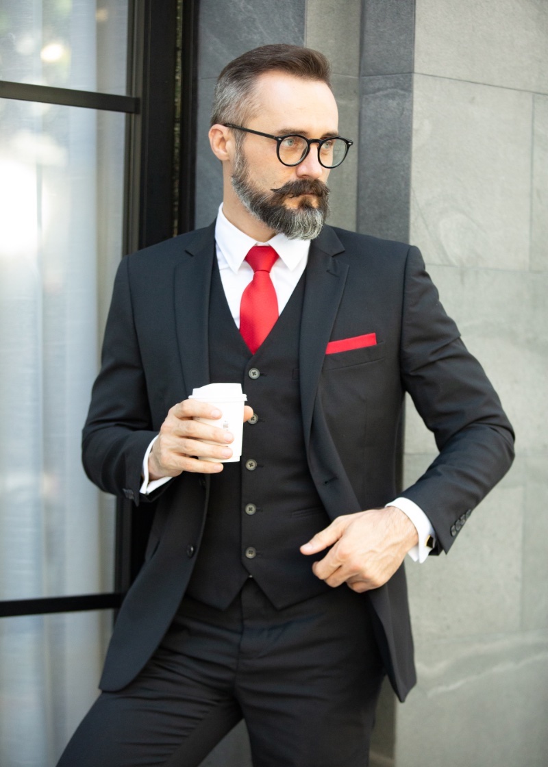 Man Red Tie Pocket Square Three Piece Suit