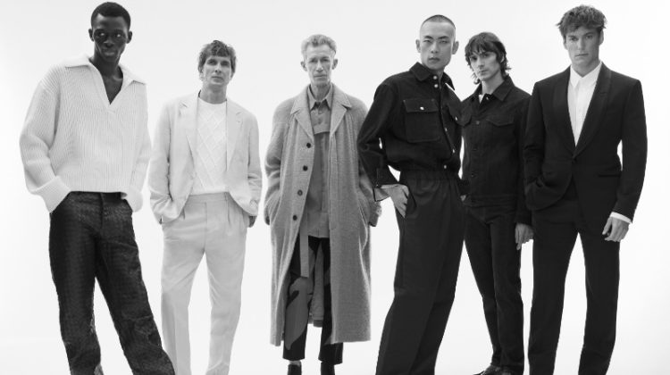 Models Khadim Sock, Przemek Szubert, Charles de Linière, Zhehui Cao, Ettore De Martino, and Vincent Petit front Mytheresa's pre-fall 2023 campaign.