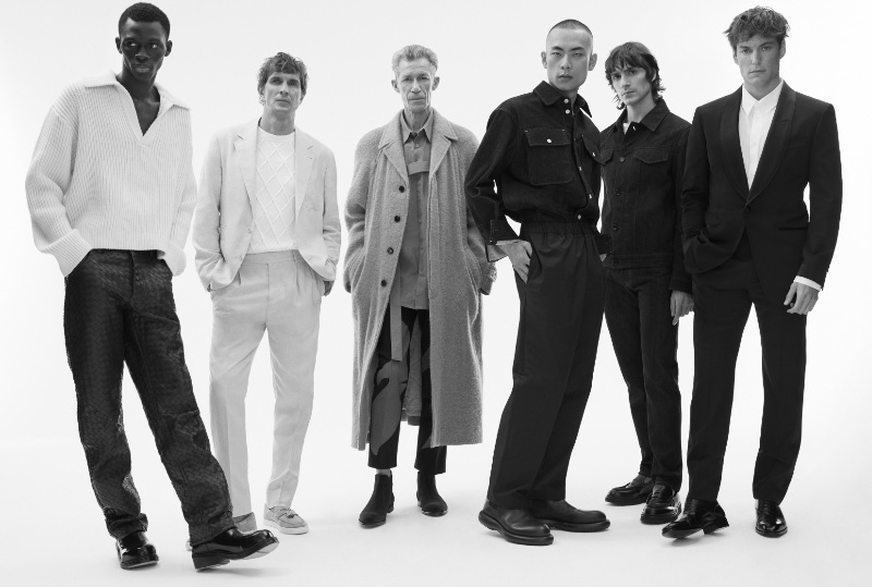 Models Khadim Sock, Przemek Szubert, Charles de Linière, Zhehui Cao, Ettore De Martino, and Vincent Petit front Mytheresa's pre-fall 2023 campaign. 