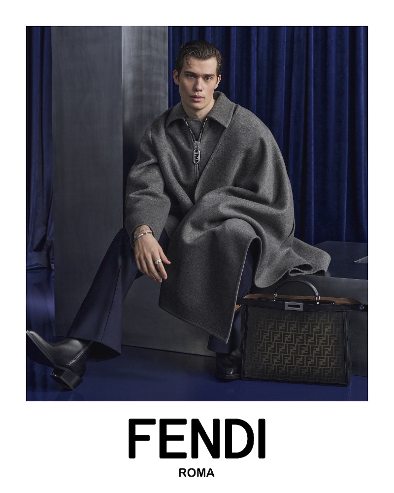 A chic vision in gray, Nicholas Galitzine fronts Fendi's fall-winter 2023 campaign.