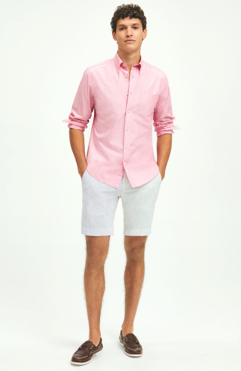 Preppy Aesthetic Style Men Brooks Brothers Pink Oxford Shirt Seersucker Shorts