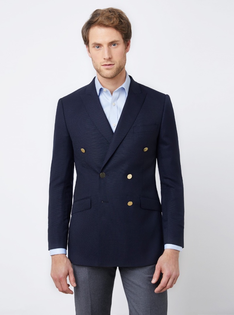 Preppy Aesthetic Style Men Hawes Curtis Double Breasted Wool Navy Blazer Gold Buttons