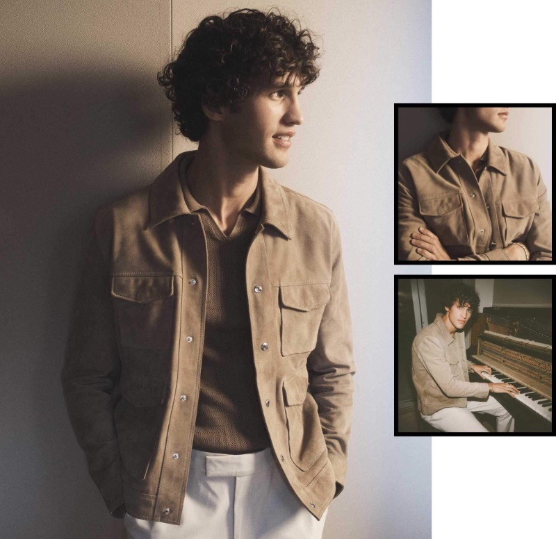 Embracing neutrals, Francisco Henriques wears a suede pocket front jacket with a knit polo. 