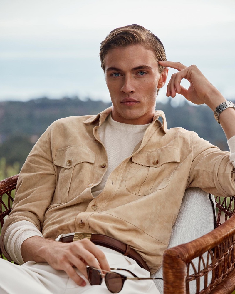 Lucky Blue Smith models a suede overshirt from Ralph Lauren.