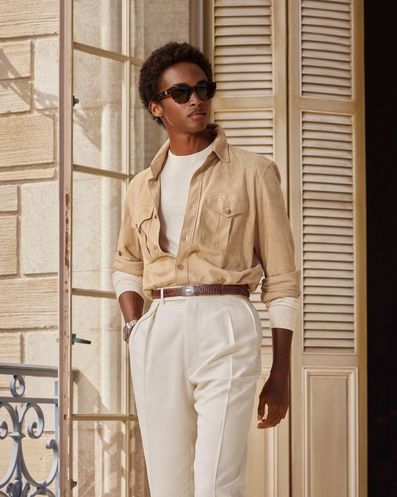 Stan Taylor wears a suede overshirt over a monochromatic number from Ralph Lauren.