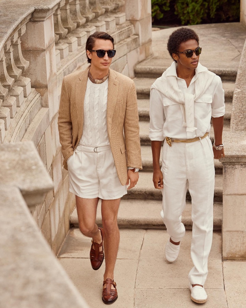 Models James Turlington and Stan Taylor wear chic, neutral-colored looks from the Ralph Lauren spring-summer 2023 collection.