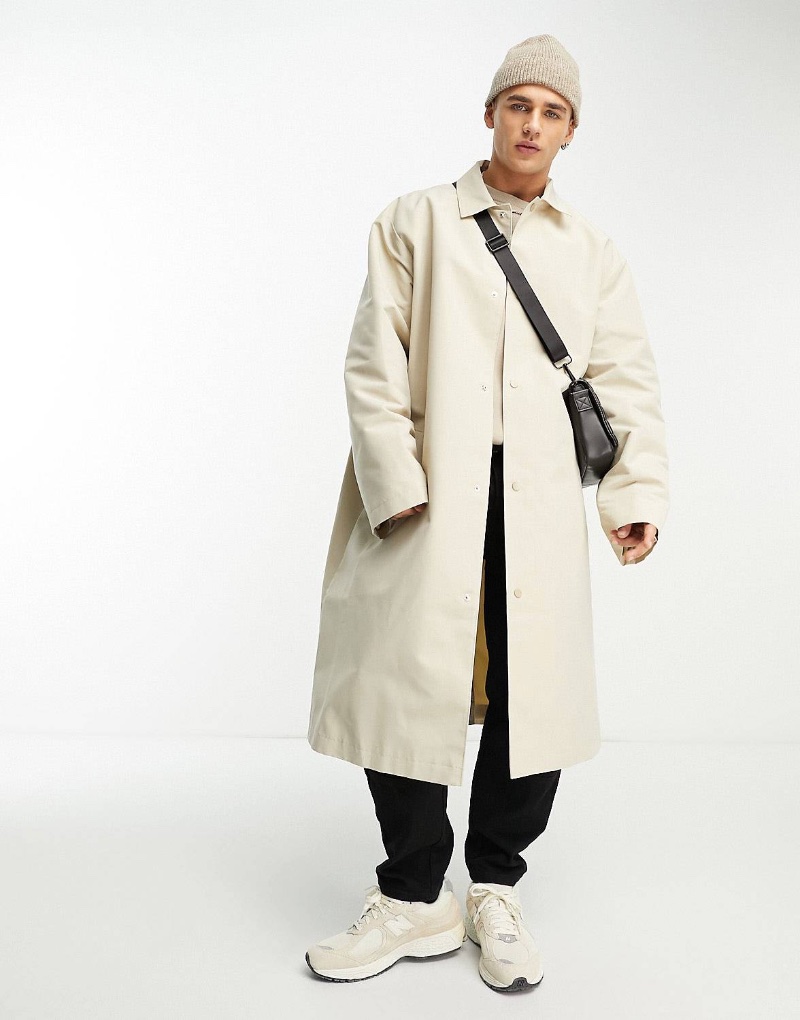 Trench Coat Styles Men ASOS Design Oversized Trench Coat Stone Single-Breasted