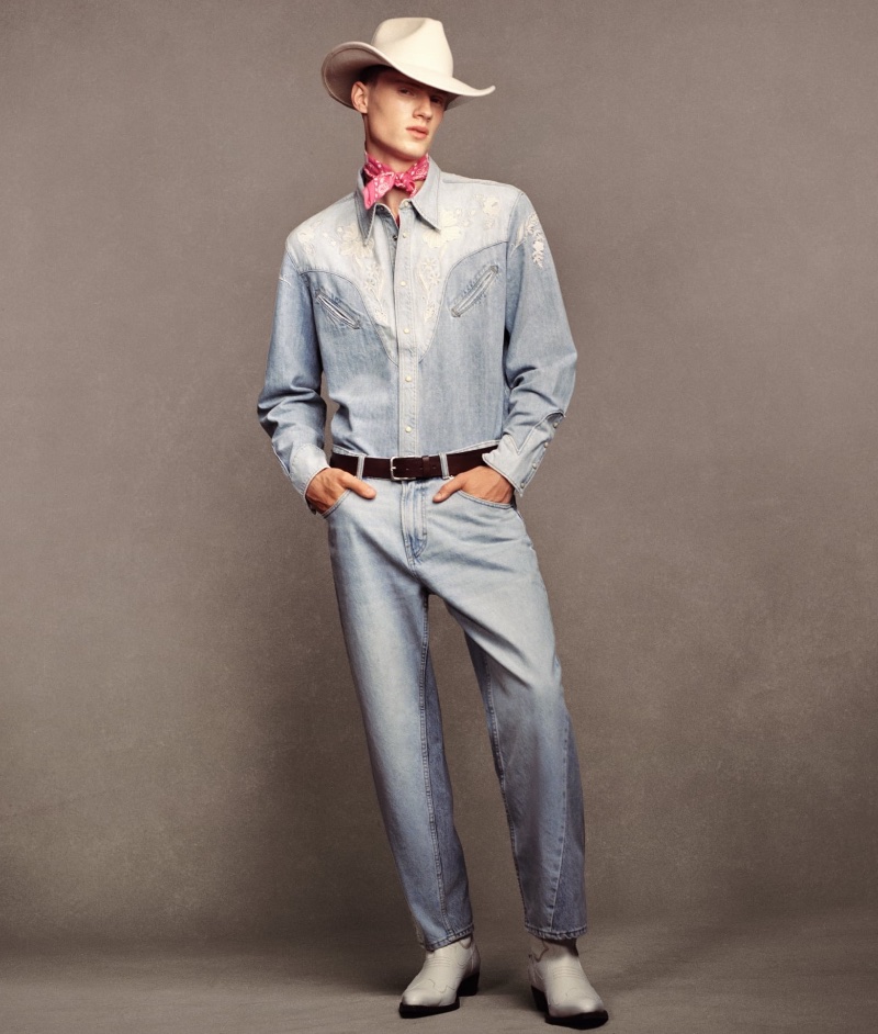 Braien Vaiksaar channels his inner Ken in a cowboy look from the Zara x Barbie collection, consisting of a western shirt, colorblock jeans, and cowboy boots. 