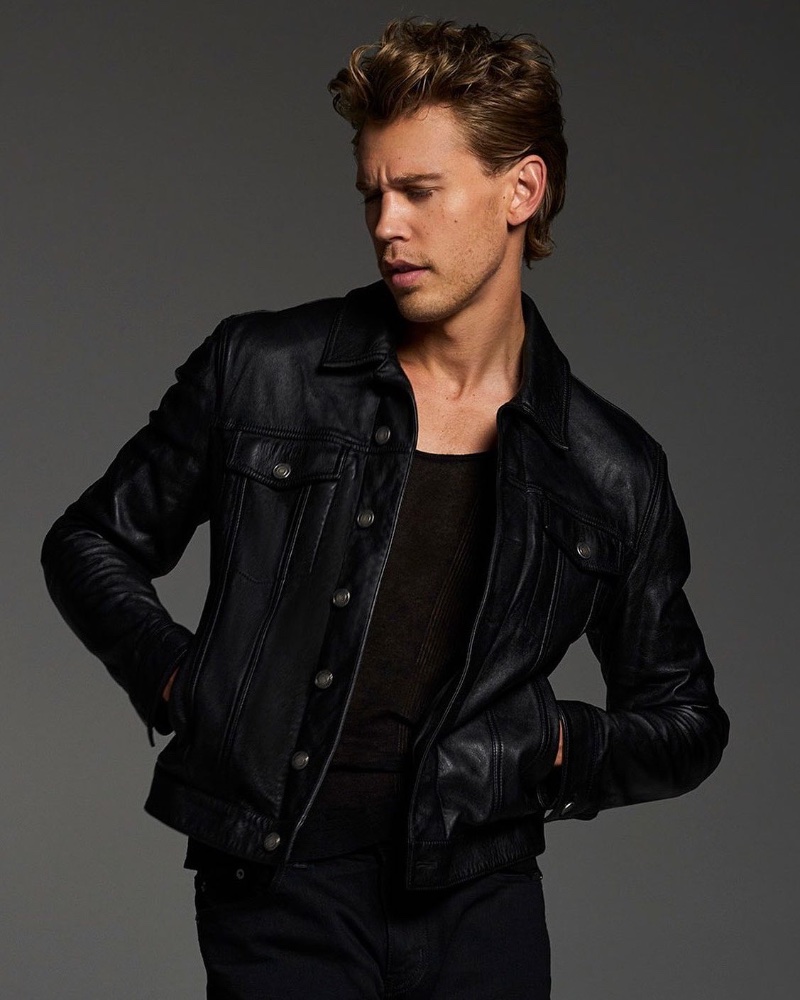 Rocking a leather jacket, Austin Butler stars in the Yves Saint Laurent MYSLF campaign.
