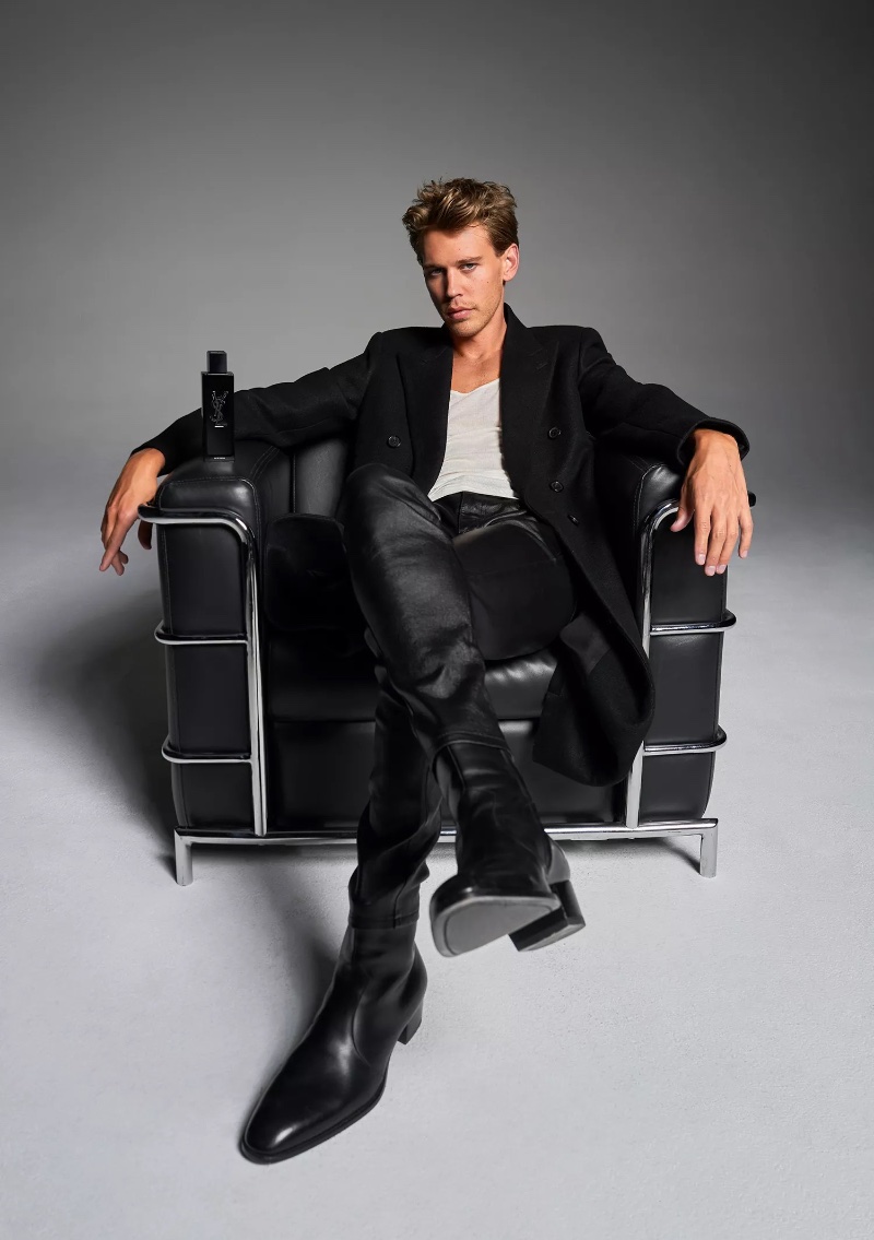 Sitting for a portrait, Austin Butler is the face of the Yves Saint Laurent fragrance MYSLF. 