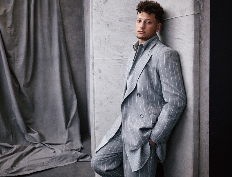 Patrick Mahomes dons pinstripe tailoring for BOSS' fall-winter 2023 campaign.