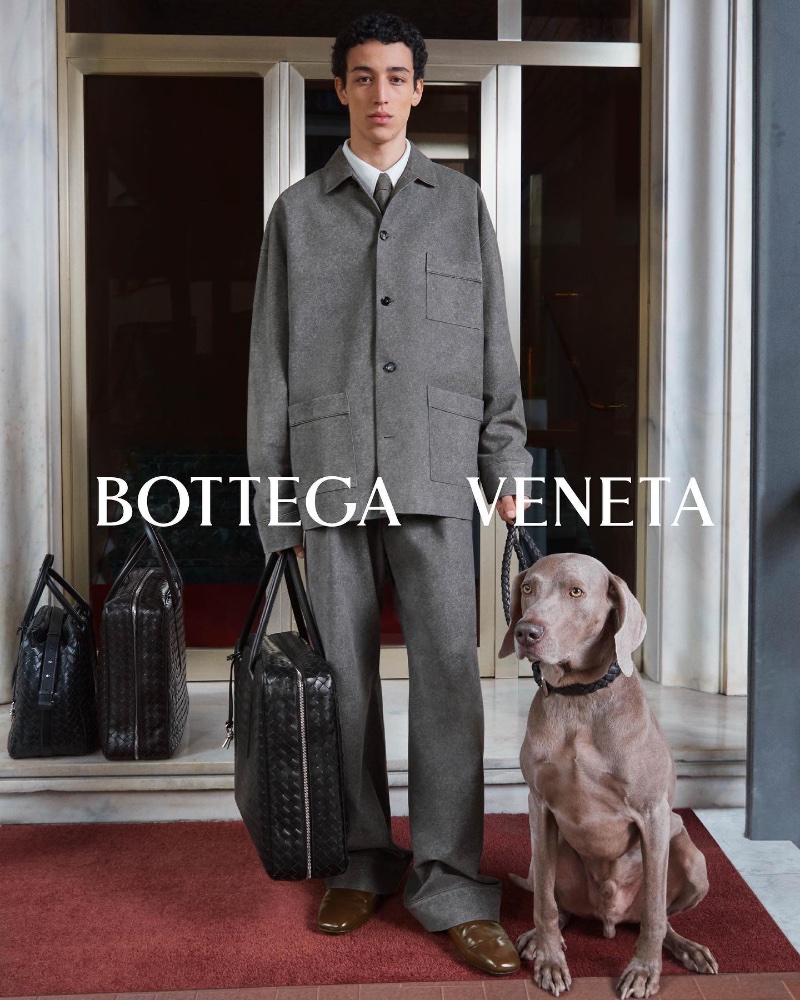 Donning a charcoal colored look, Walid Fiher stars in Bottega Veneta's fall-winter 2023 campaign. 