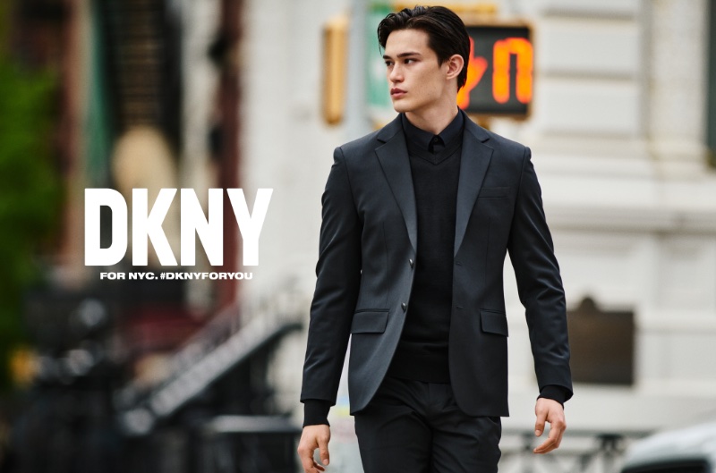 Alex Schlab dons tailoring for DKNY's fall-winter 2023 campaign.