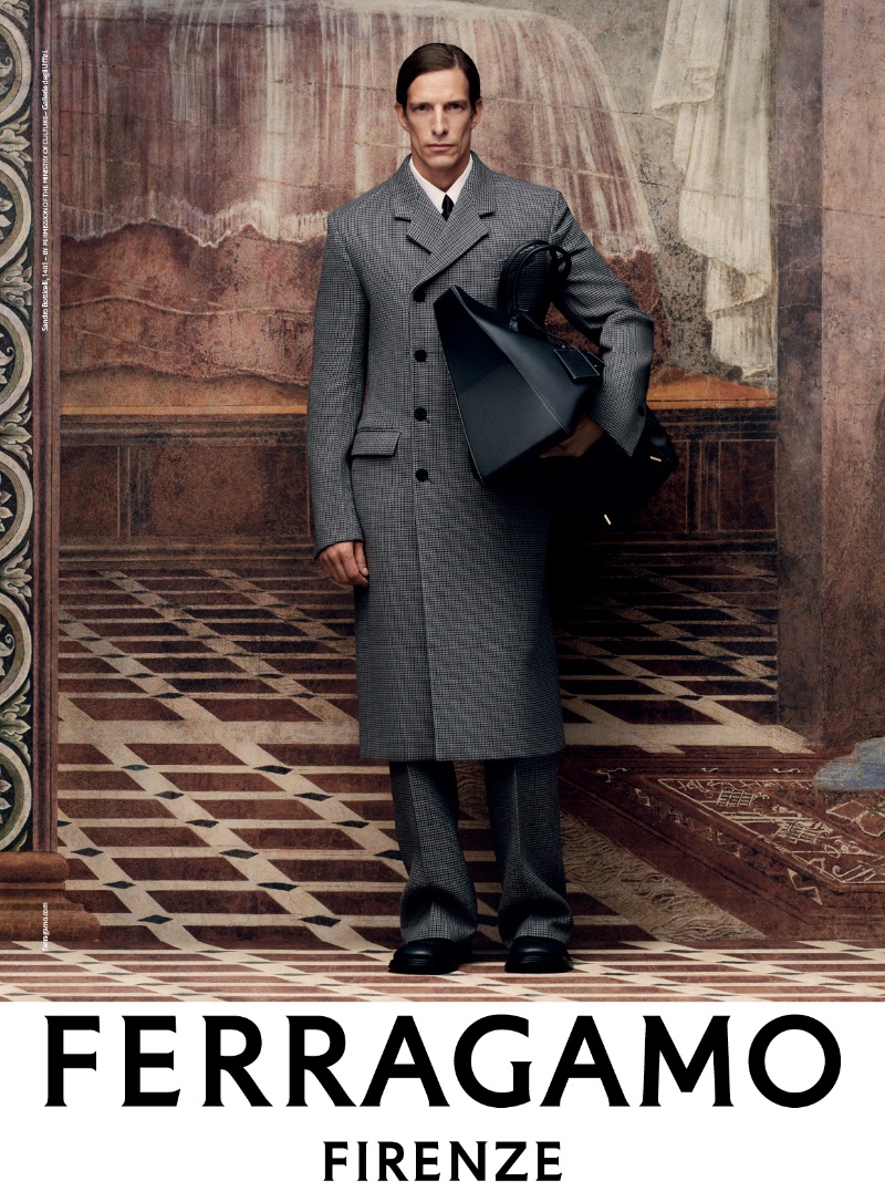 Iván de Pineda dons a tailored coat for Ferragamo's fall-winter 2023 campaign.