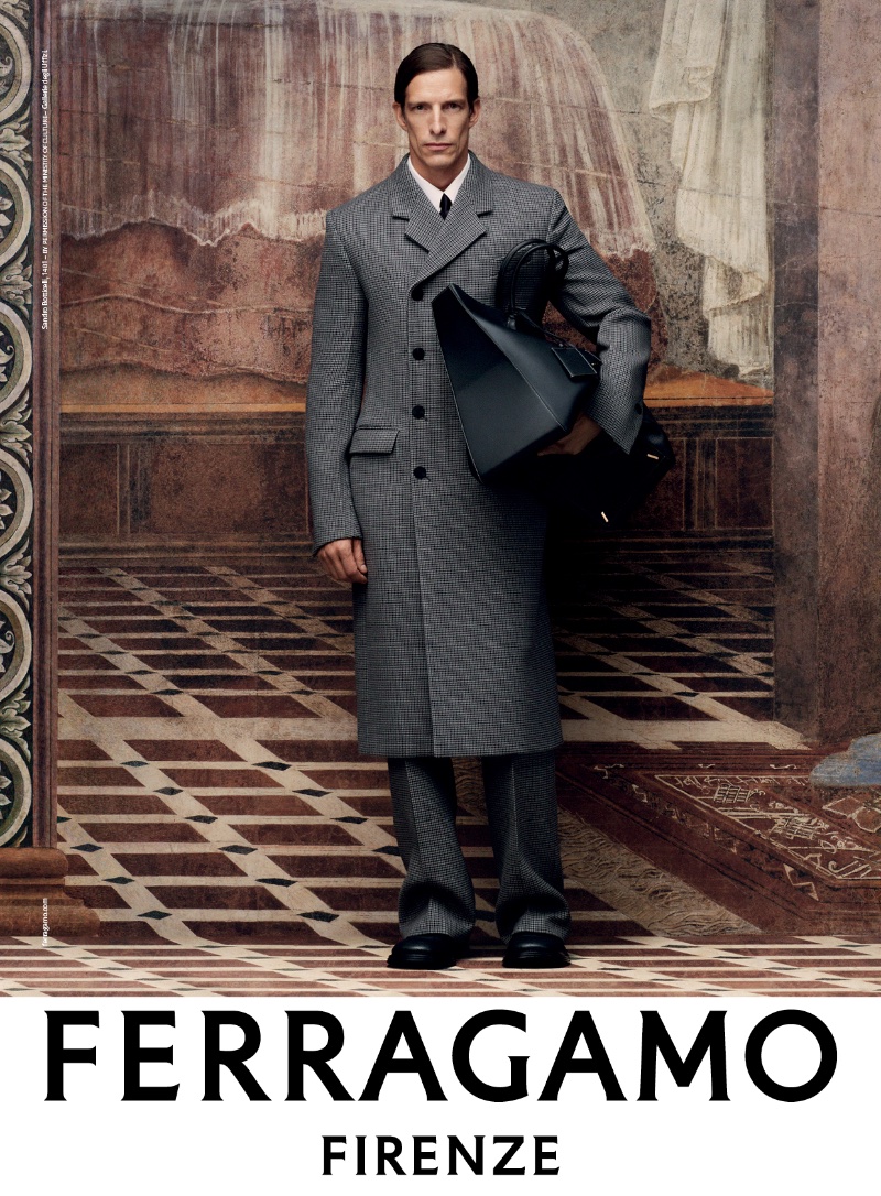 Iván de Pineda dons a tailored coat for Ferragamo's fall-winter 2023 campaign. » Ferragamo Fall 2023 Campaign: The New Renaissance Iván de Pineda dons a tailored coat for Ferragamo's fall-winter 2023 campaign.