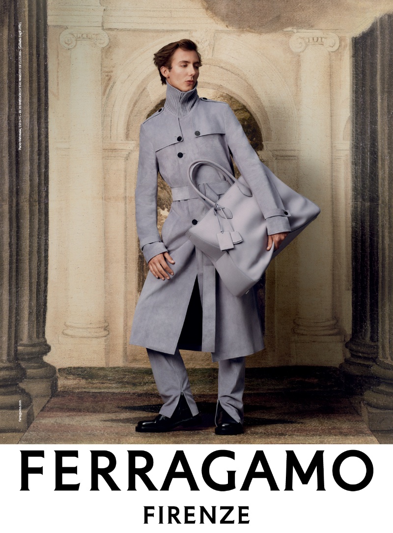 Paul Hameline embraces monochromatic fashion in a gray suede look for Ferragamo's fall-winter 2023 campaign.