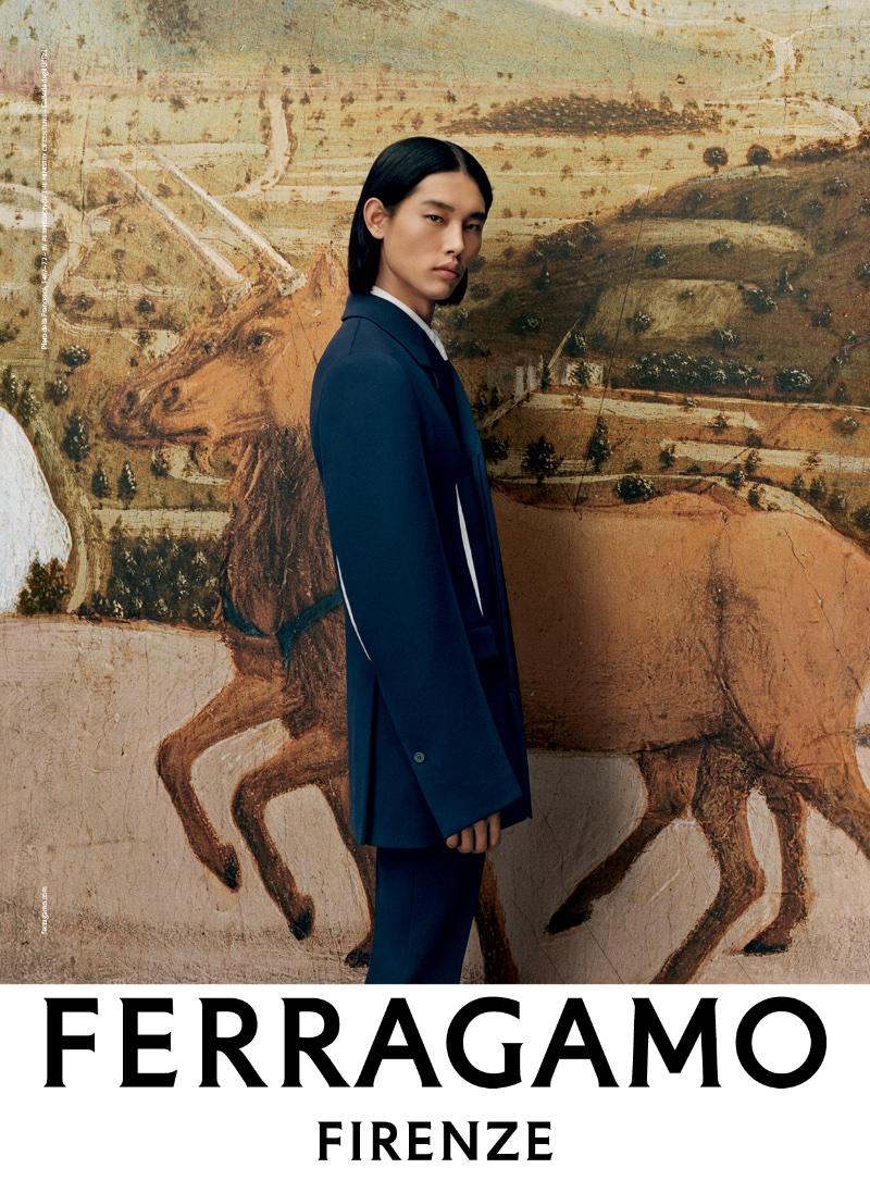 Taemin Park suits up for Ferragamo's fall-winter 2023 campaign.