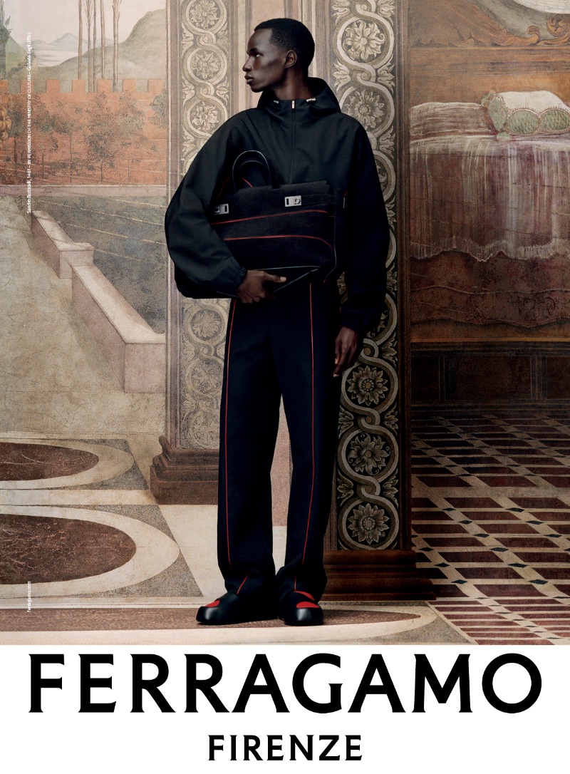 Malick Bodian channels a sporty vibe for Ferragamo's fall-winter 2023 campaign.