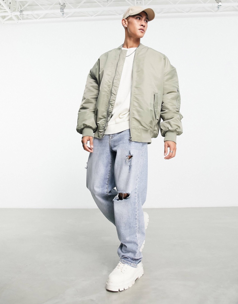 Green Bomber Jacket Outfit Men ASOS T-Shirt Cap Ripped Jeans