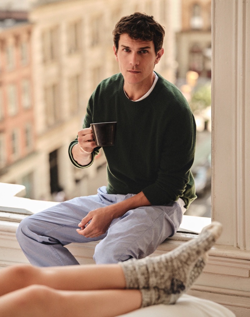 Vincent LaCrocq relaxes in a J.Crew cashmere raglan-sleeve sweatshirt and cotton poplin pajama pant. 