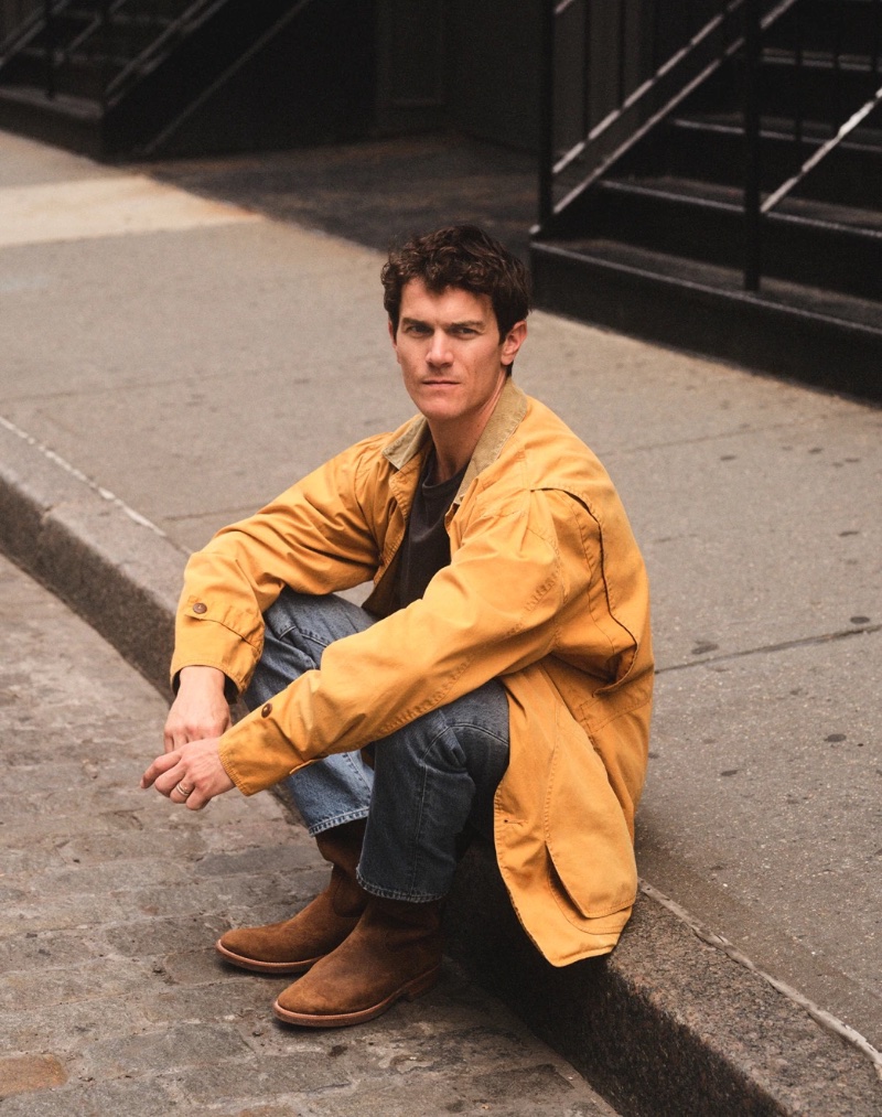 French model Vincent LaCrocq wears a vintage J.Crew Barn jacket, Classic jeans, and Hambleton X J.Crew boots.