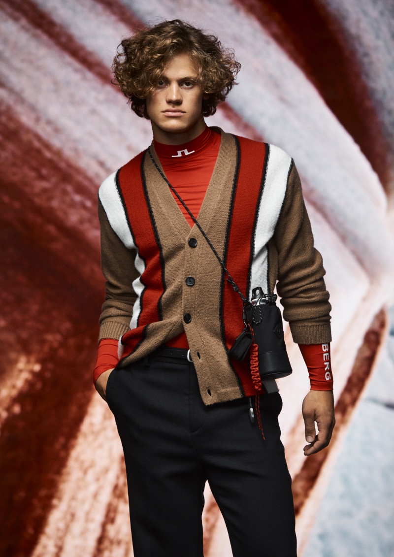 Lucas Braathen sports a graphic cardigan for J.Lindeberg's fall-winter 2023 campaign.