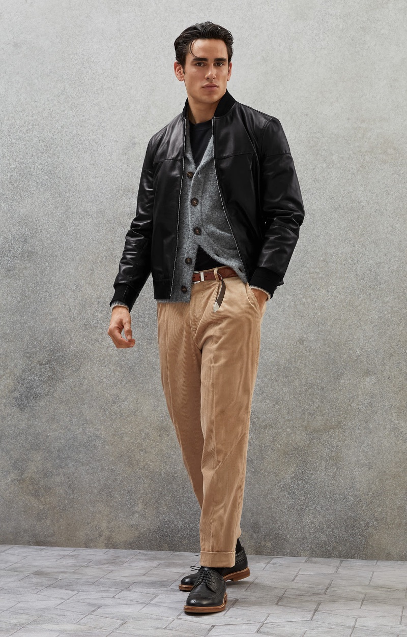 Leather Bomber Jacket Outfit Men Brunello Cucinelli Cardigan Corduroy Pants