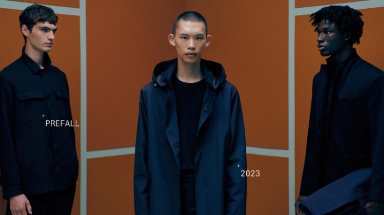 Models Lars Jammaers, Yura Nakano, and Duncan Addo model Massimo Dutti's pre-fall 2023 collection.