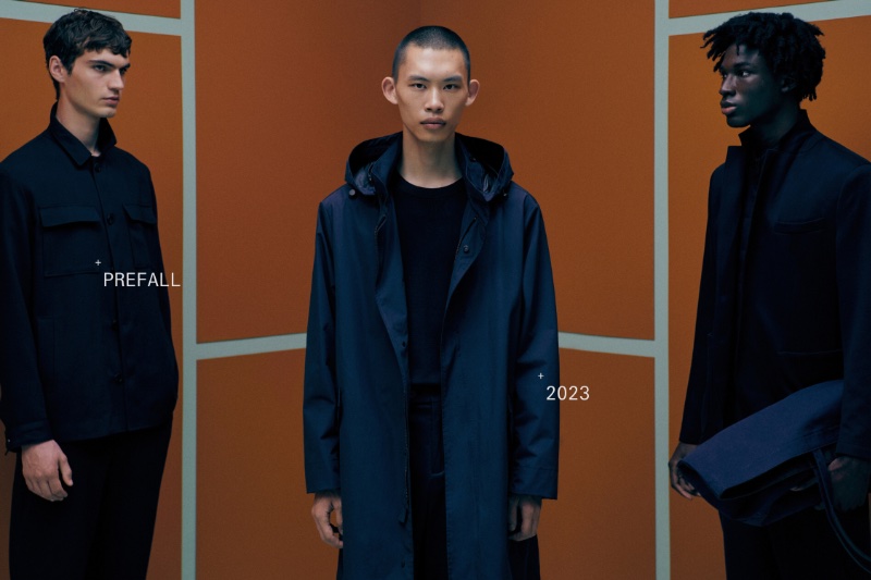 Models Lars Jammaers, Yura Nakano, and Duncan Addo model Massimo Dutti's pre-fall 2023 collection.