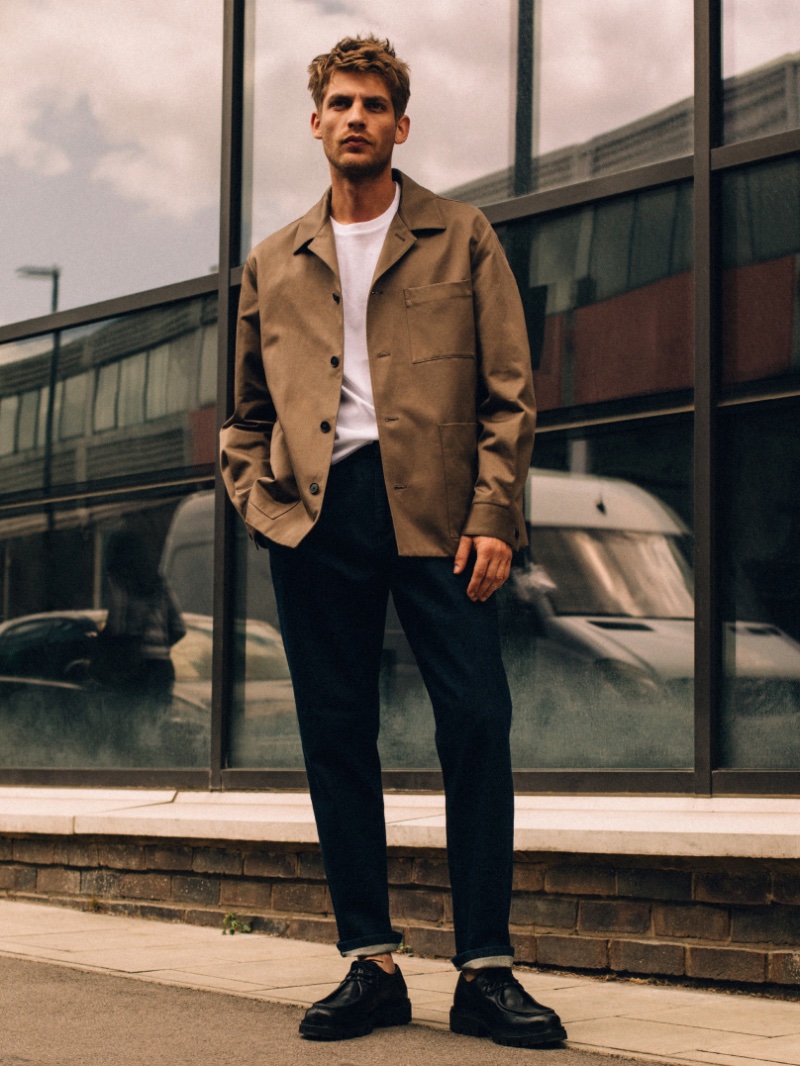 French model Baptiste Radufe fronts Massimo Dutti's fall-winter 2023 Studio collection outing. 