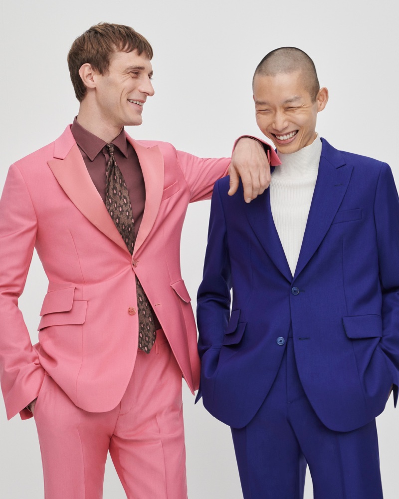 Models Clément Chabernaud and Xu Meen make a statement in colorful Paul Smith tailoring.