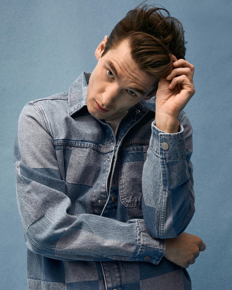 Patchwork denim is all the rage as Anatol Modzelewski sports a jean jacket by Pepe Jeans.