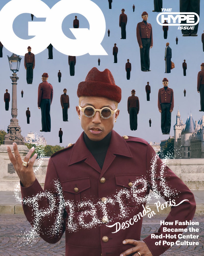 Pharrell Williams wears a Louis Vuitton look with a Givenchy mock neck, Loewe shoes, and a Binata Milinery hat for the September 2023 issue of GQ.