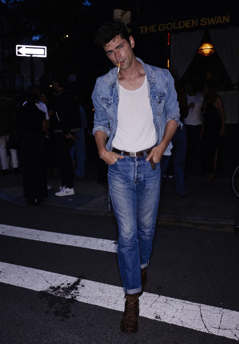Sean O'Pry wears double denim as he steps out for FRAME's cocktail at the Golden Swan. 