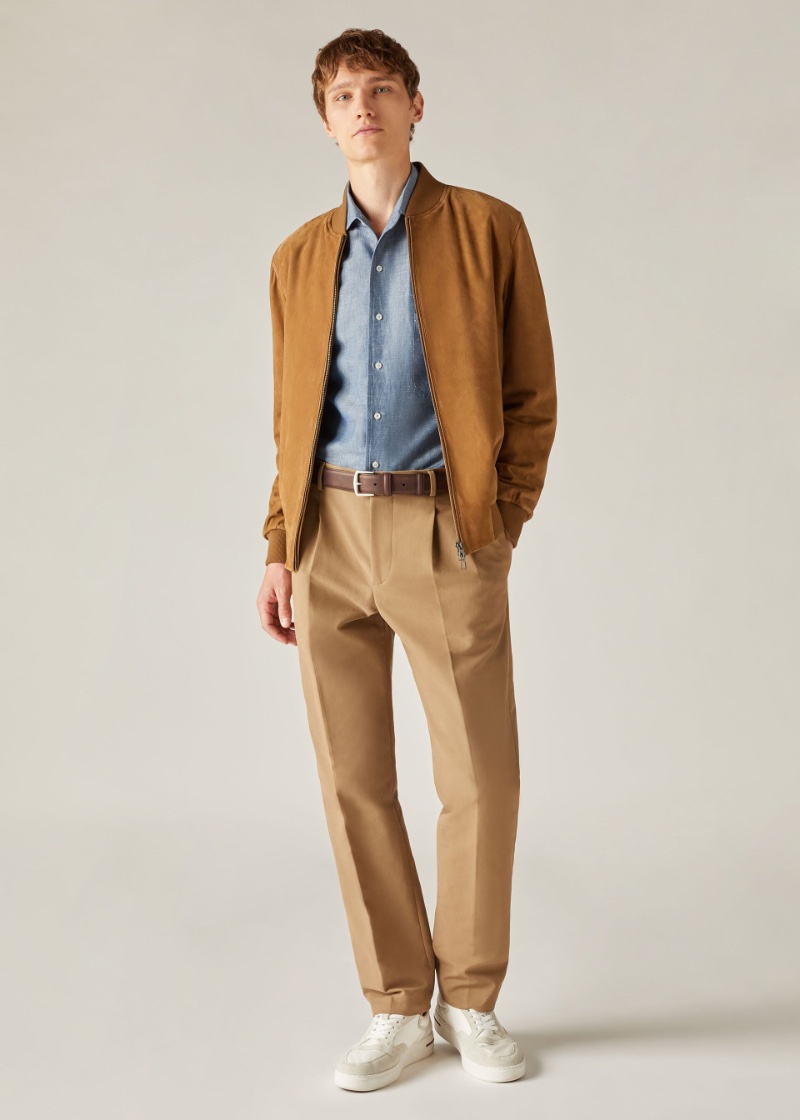 Suede Bomber Jacket Outfit Men Dress Shirt Pleated Trousers Sneakers Loro Piana » Bomber Jacket Outfits for Men: How to Wear the Style Staple Suede Bomber Jacket Outfit Men Dress Shirt Pleated Trousers Sneakers Loro Piana