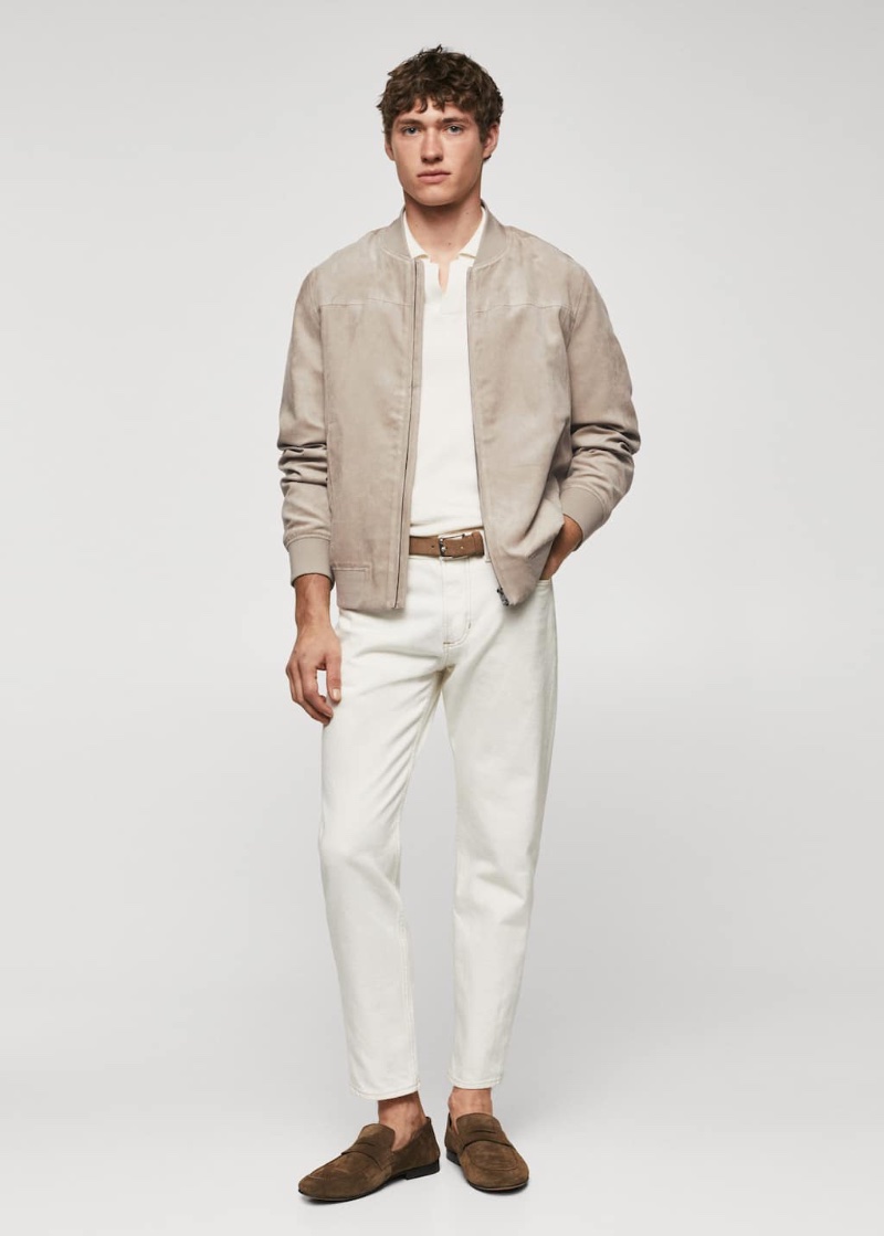 Suede Bomber Jacket Outfit Men Mango Polo White Jeans Suede Loafers