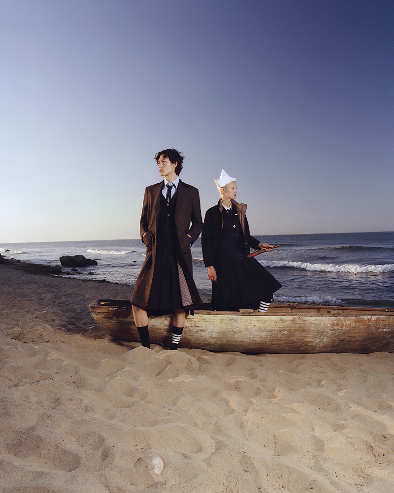 Models Mathieu Simoneau and Lulu Wood appear in Thom Browne's fall 2023 campaign. 