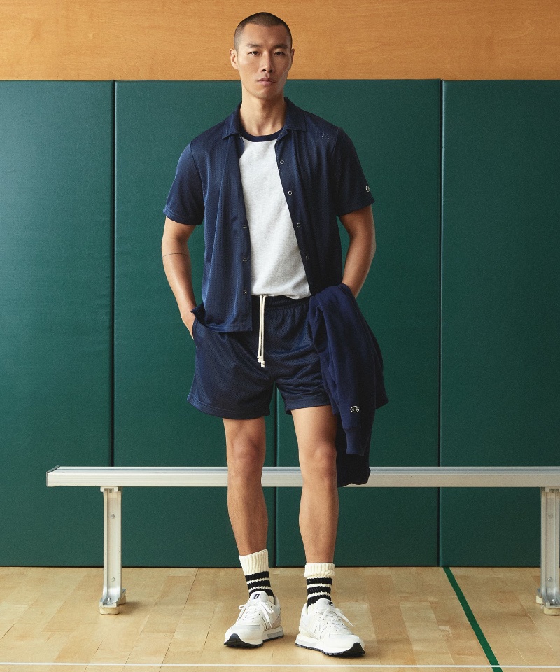 Gun Lee sports a Todd Snyder + Champion navy mesh shirt and shorts with a ringer tee. » Todd Snyder + Champion Fall 2023: A Touch of Nostalgia Gun Lee sports a Todd Snyder + Champion navy mesh shirt and shorts with a ringer tee.