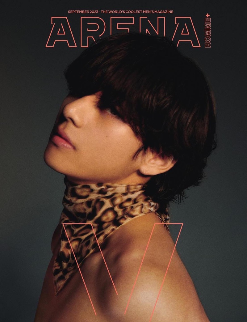 Ready for his close-up, V sports a leopard neckerchief by Celine for the September 2023 cover of Arena Homme+ Korea.