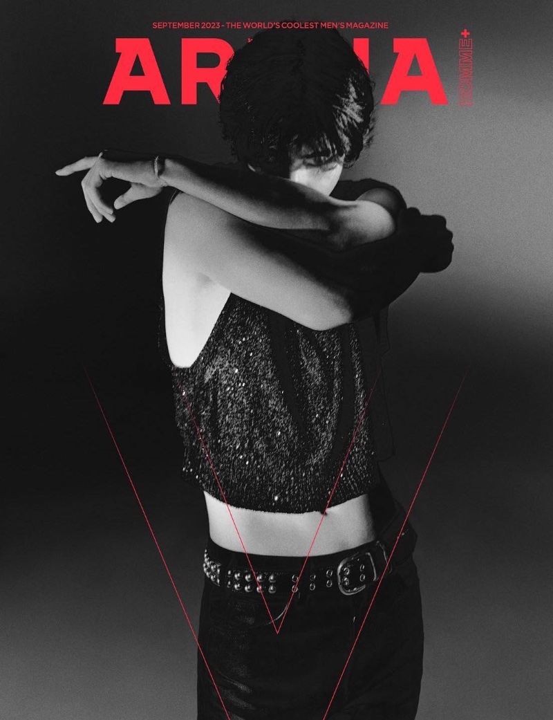 It's all about the bling as V rocks a sequined sleeveless top with a leather studded belt by Celine for the September 2023 issue of Arena Homme+ Korea. 